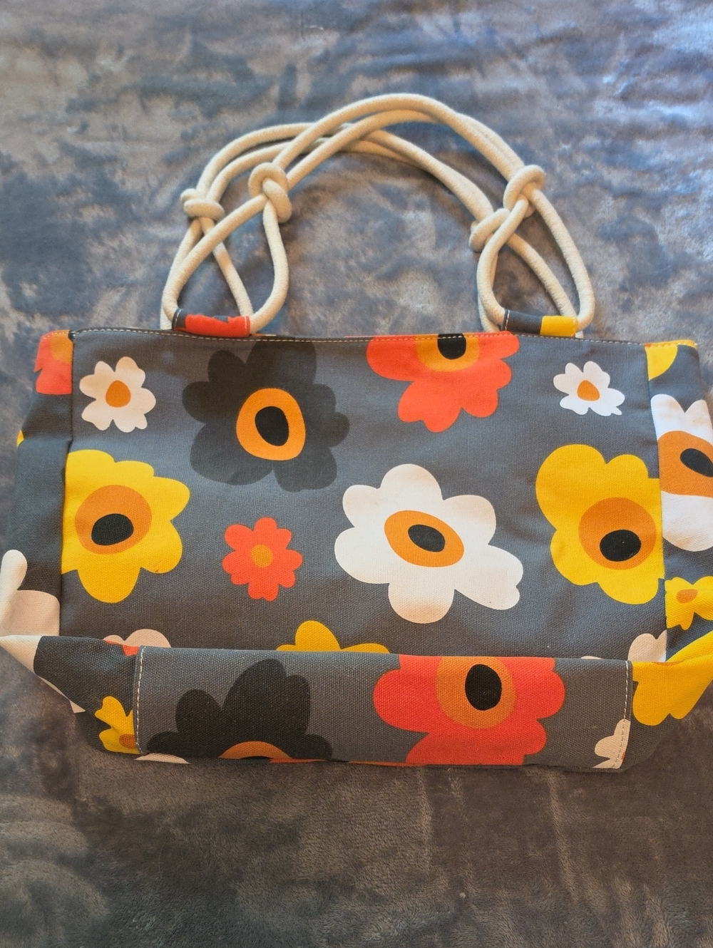 Floral Canvas Tote Bag in Gray with Yellow & Orange Flowers